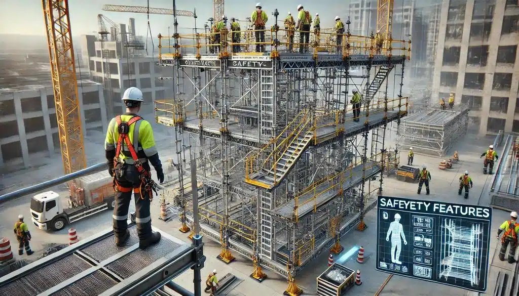 A worker overlooking a multi-level scaffold with a digital safety-features overlay