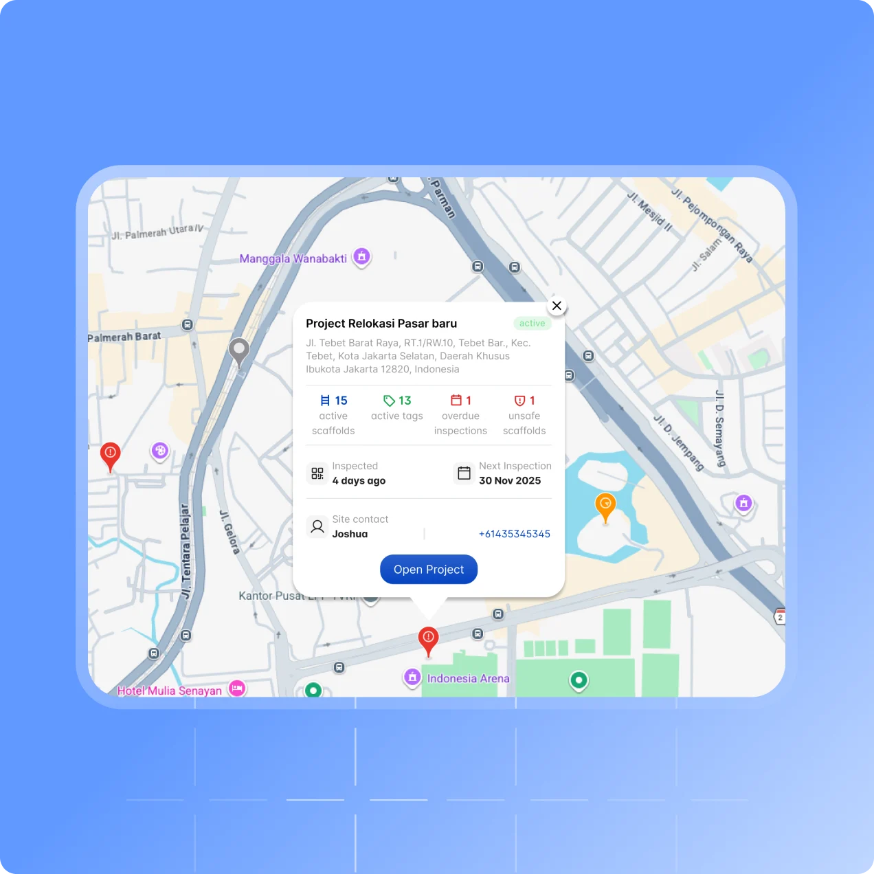 The Scafflinq project map view with colour-coded pins and a project summary card