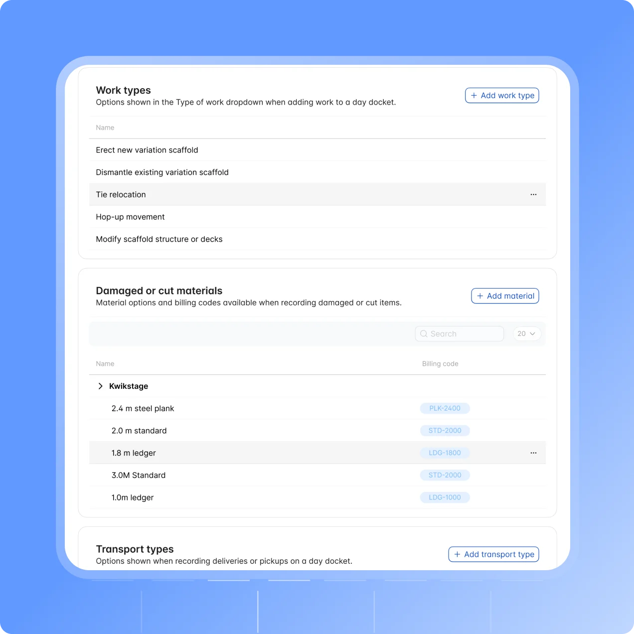 The Day docket defaults tab under Settings, Site Records in the Scafflinq web portal, with work types, damaged or cut materials and transport types