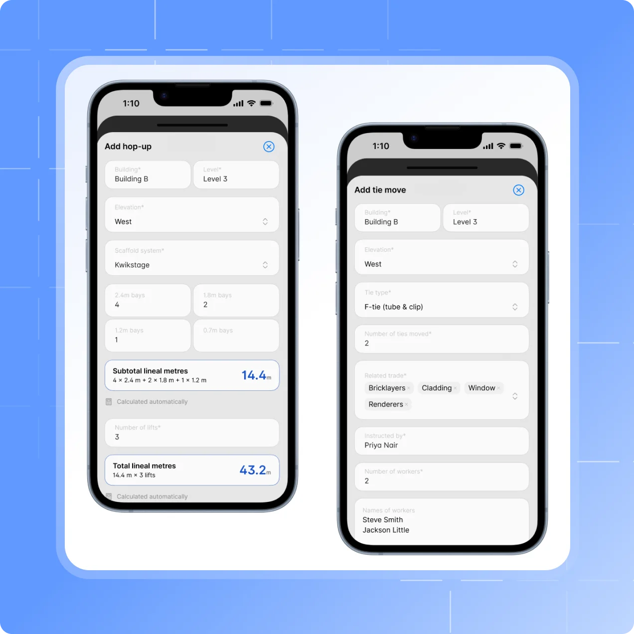 Scafflinq app screens for a hop-up movement, with lineal metres calculated, the handover certificate and client acceptance