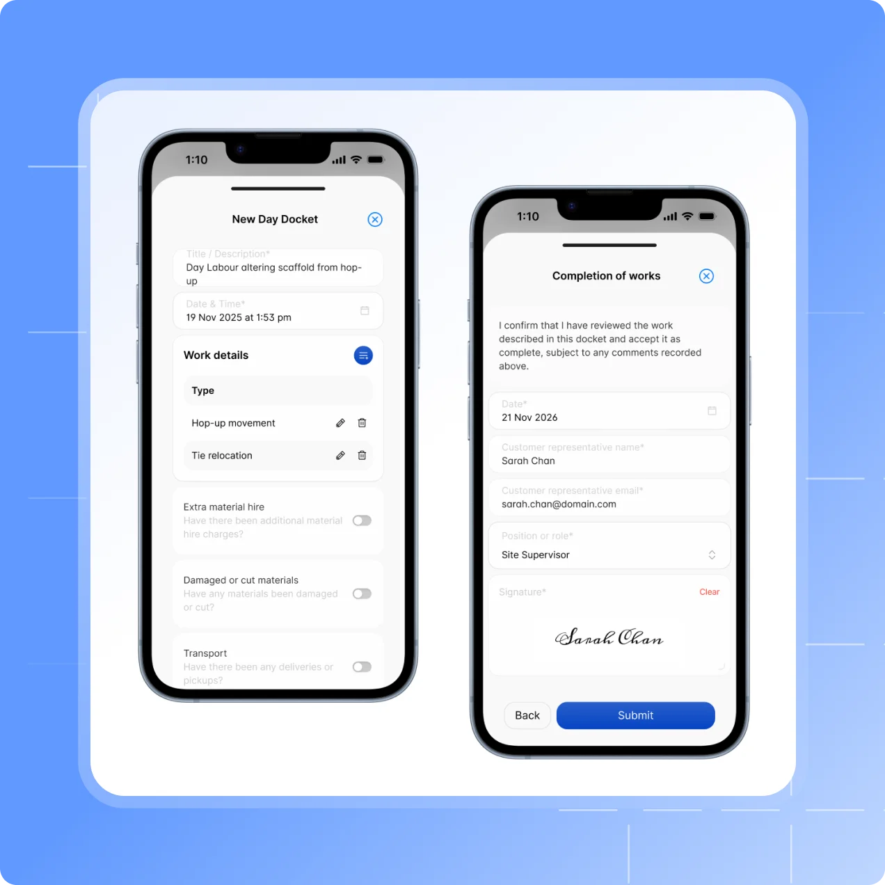 Scafflinq app screens showing the Day Dockets list, a new day docket with work details, the labour hours calculation and the customer sign-off