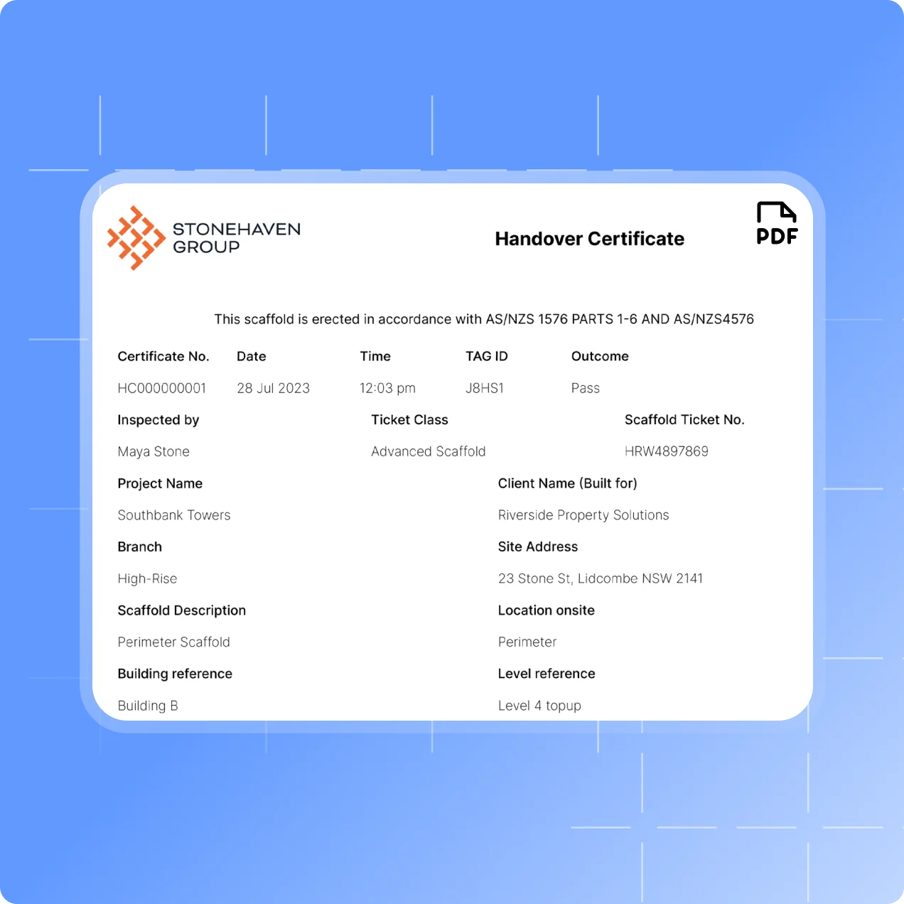 A Scafflinq handover certificate PDF with the company logo, inspection details and site address