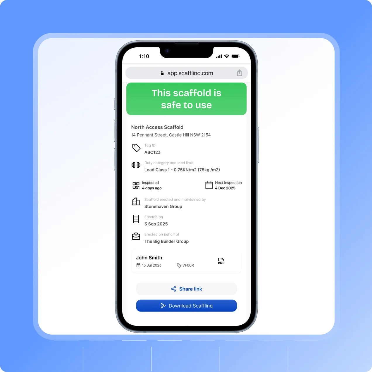 A scaffold record in the Scafflinq app showing safe to use, with the scaffold’s inspection details