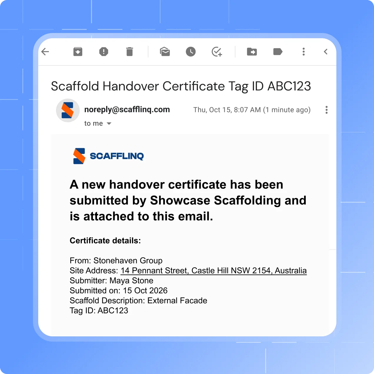 The Deliver the inspection step in the Scafflinq app, with handover recipients and delivery options