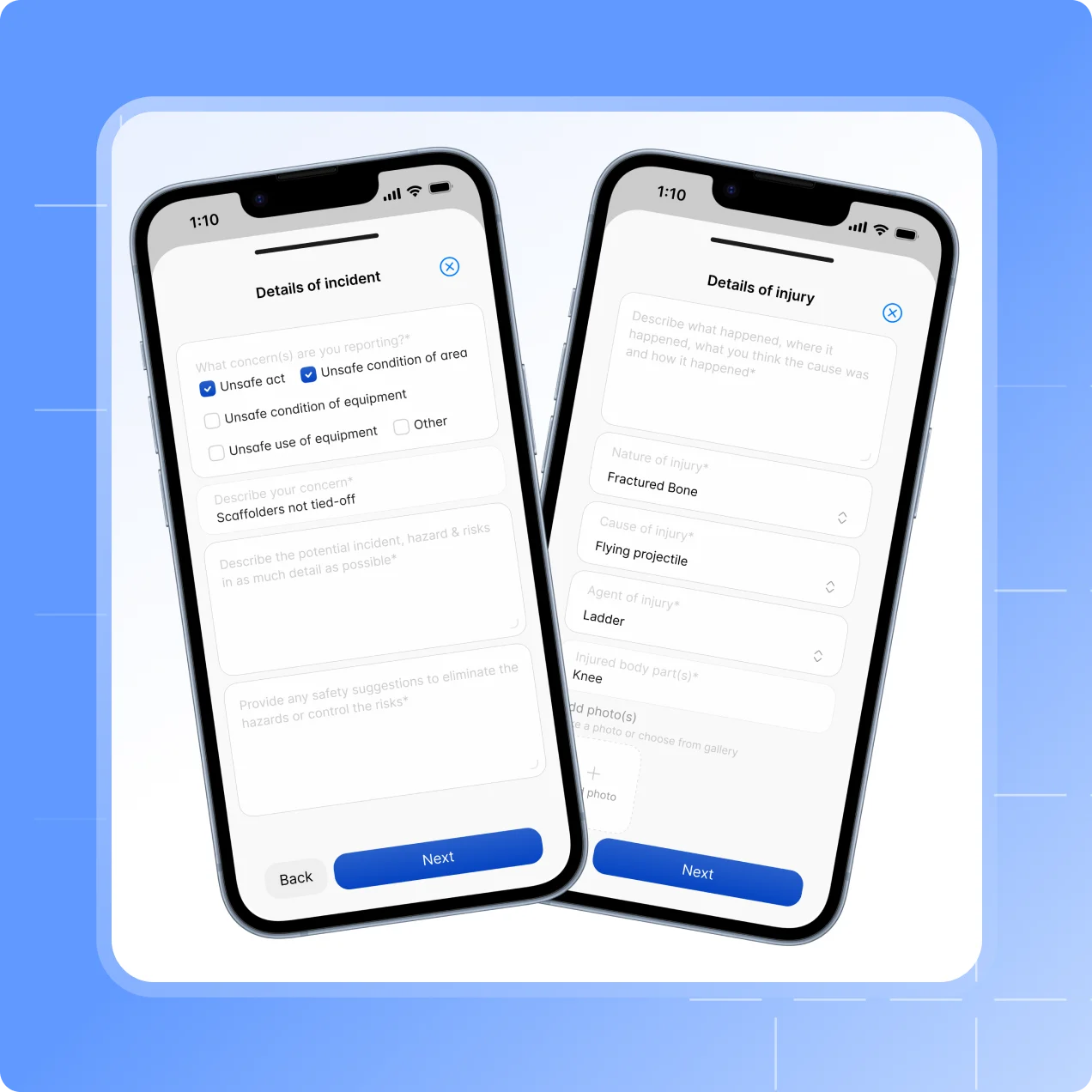 Scafflinq app screens showing an incident report list, a new injury report, injury details with photos and a signed acknowledgement