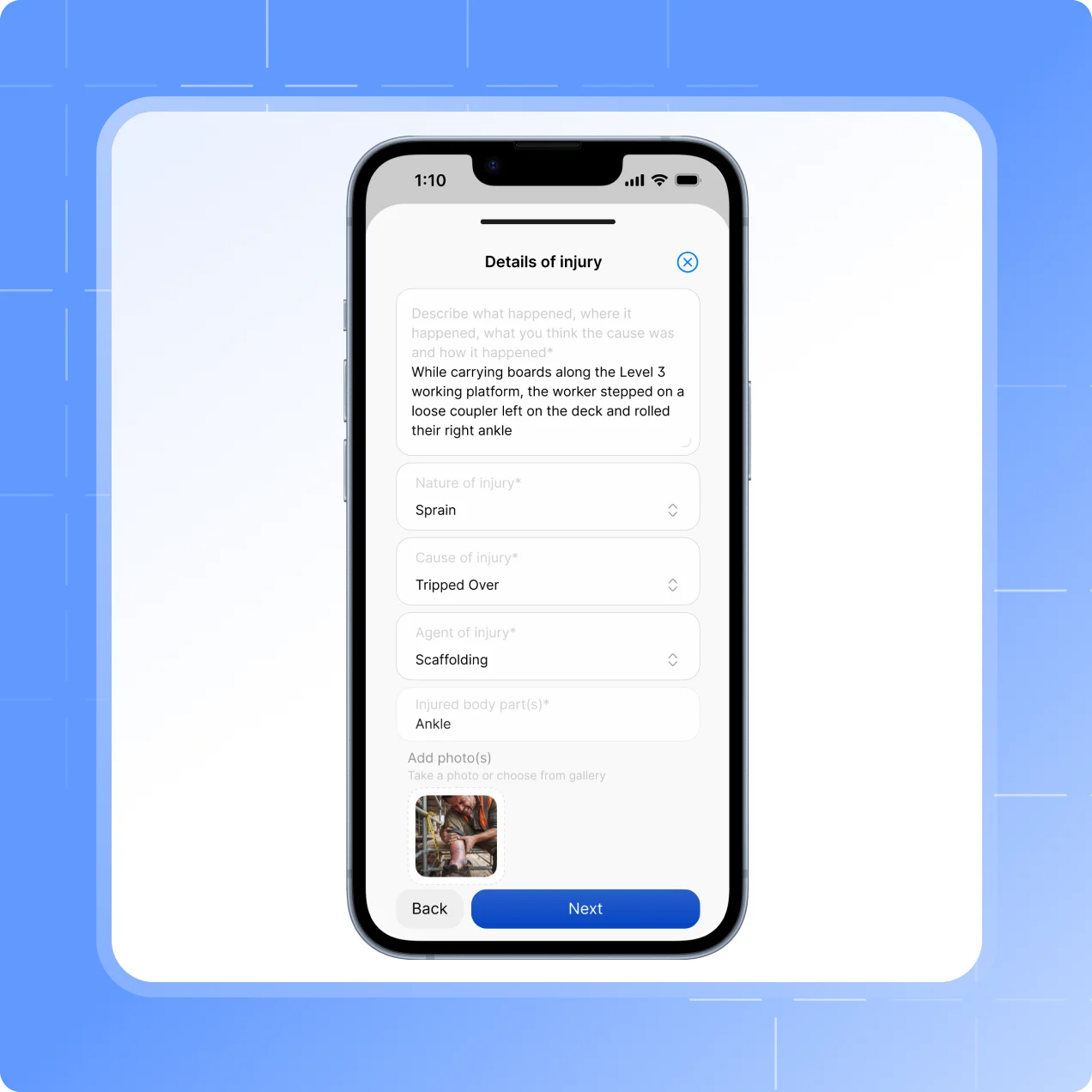 The Details of injury step in the Scafflinq app, with what happened, the nature, cause and agent of injury, and the body part affected