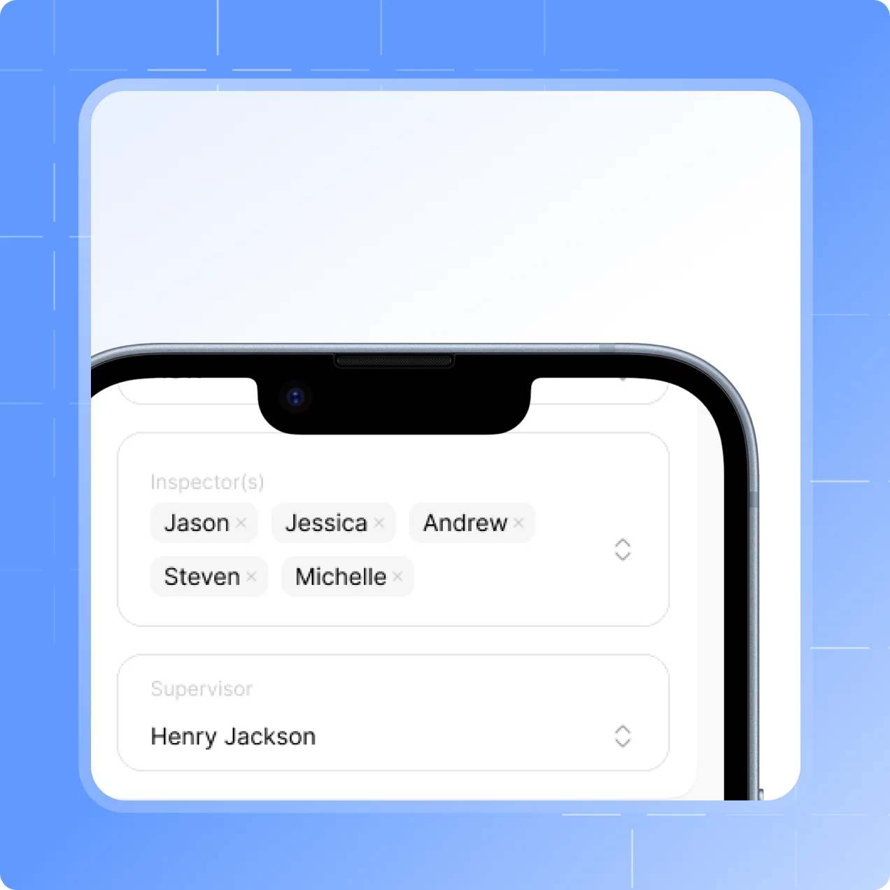 The project assignment and customer details sections in the Scafflinq app, with a supervisor and client email set