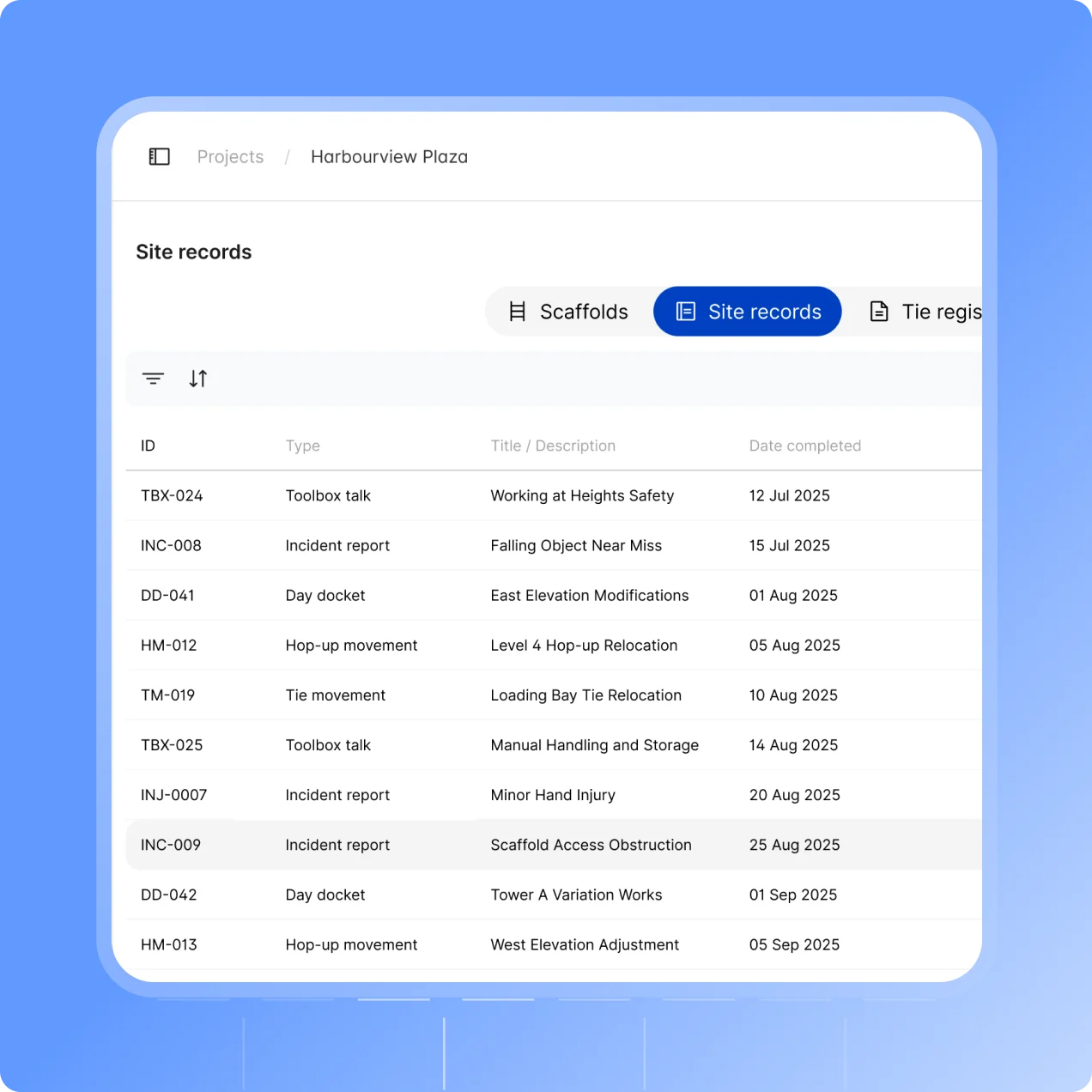 A project’s Site records tab in the Scafflinq web portal, listing incident reports with the other site records