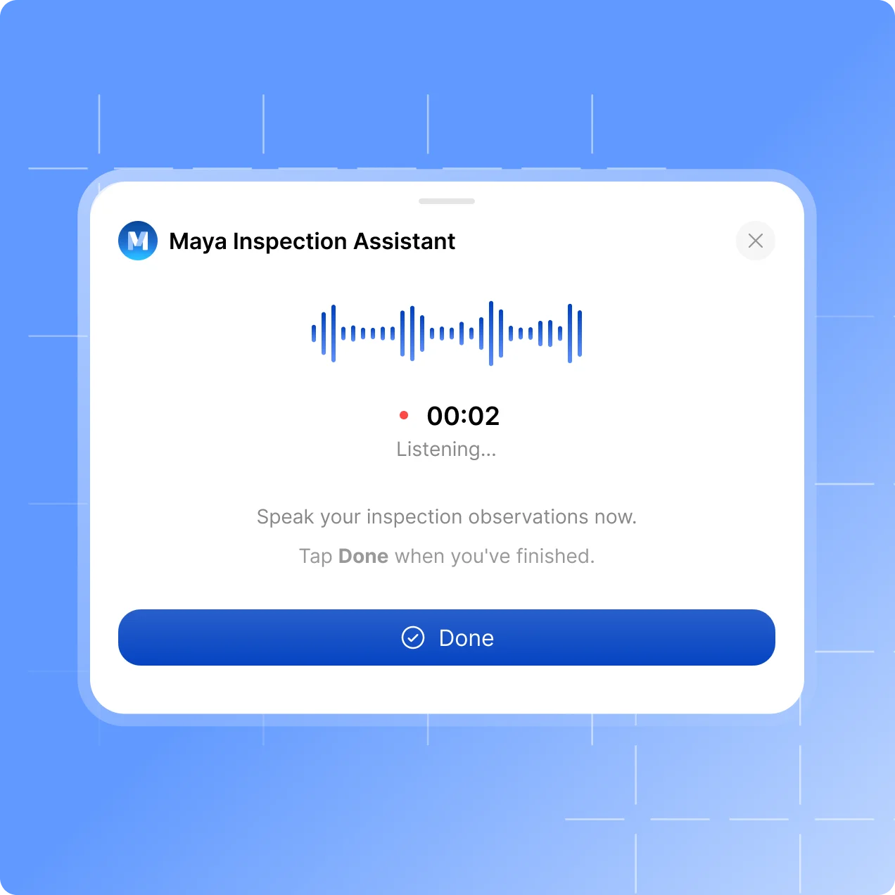 The Scafflinq app overview with the Maya AI Assistant card and a voice recording in progress