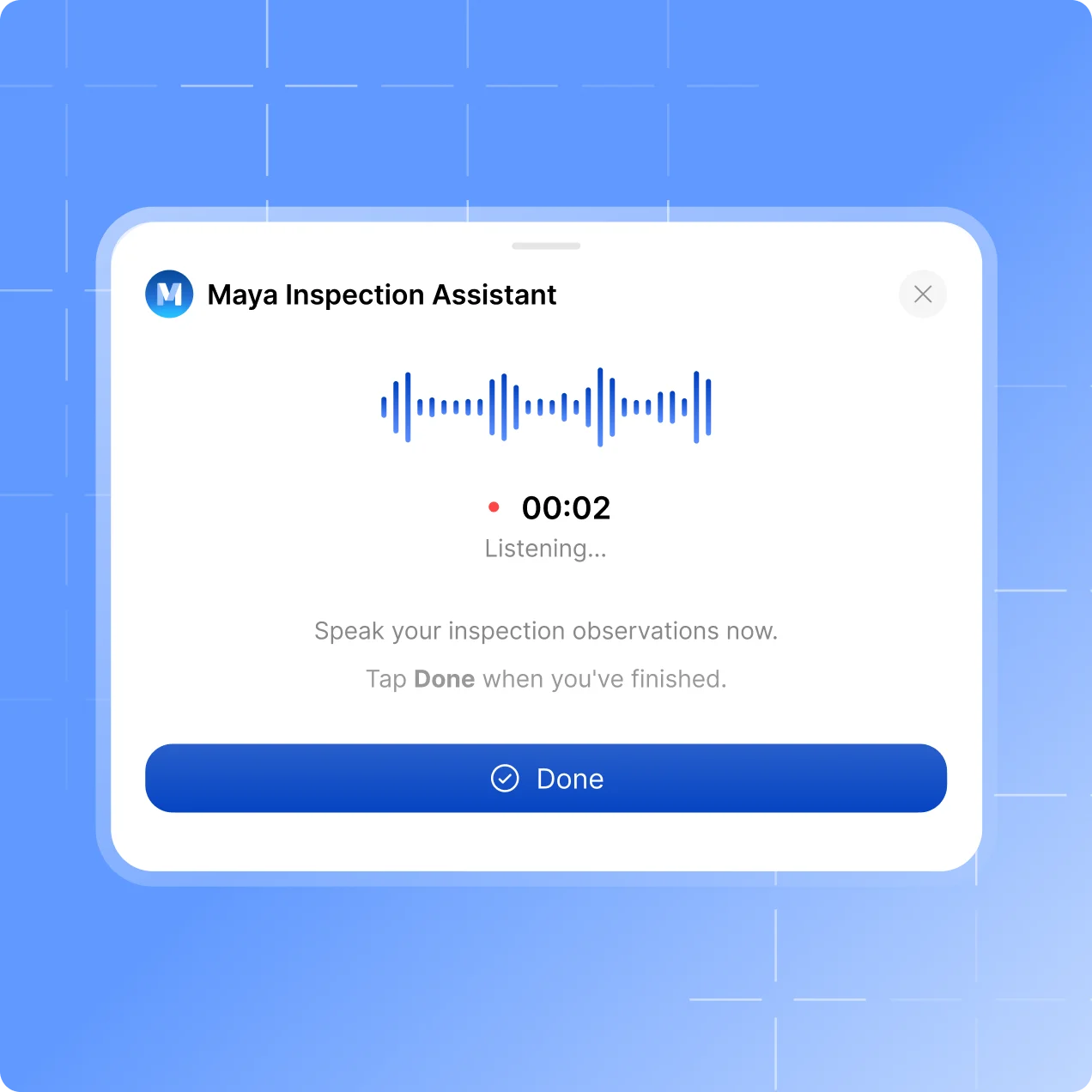 The Scafflinq app overview with the Maya AI Assistant card and a voice recording in progress