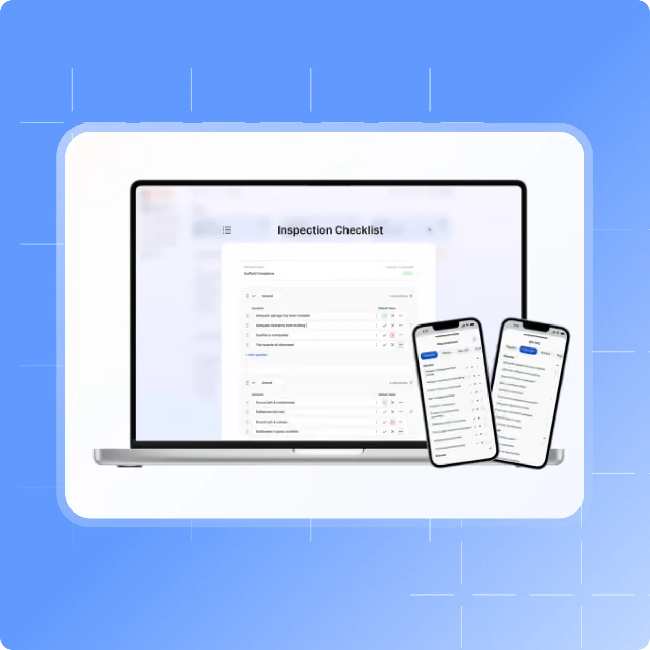 Building a custom inspection checklist in the Scafflinq web portal, with the checklist shown in the mobile app