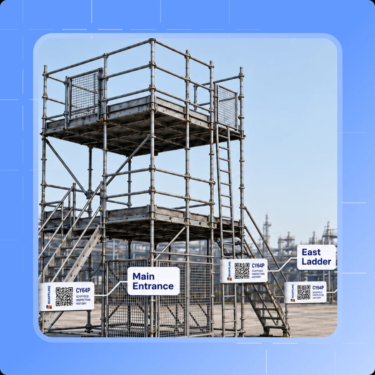 An industrial scaffold with Scafflinq tags at each access point, all showing the same safe to use status