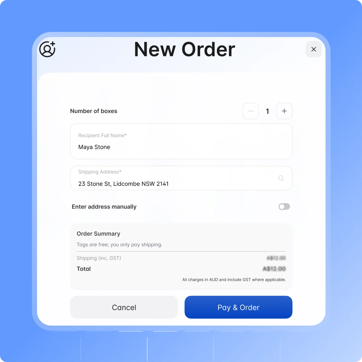 Ordering Scafflinq tag boxes in the app, with the delivery address and total