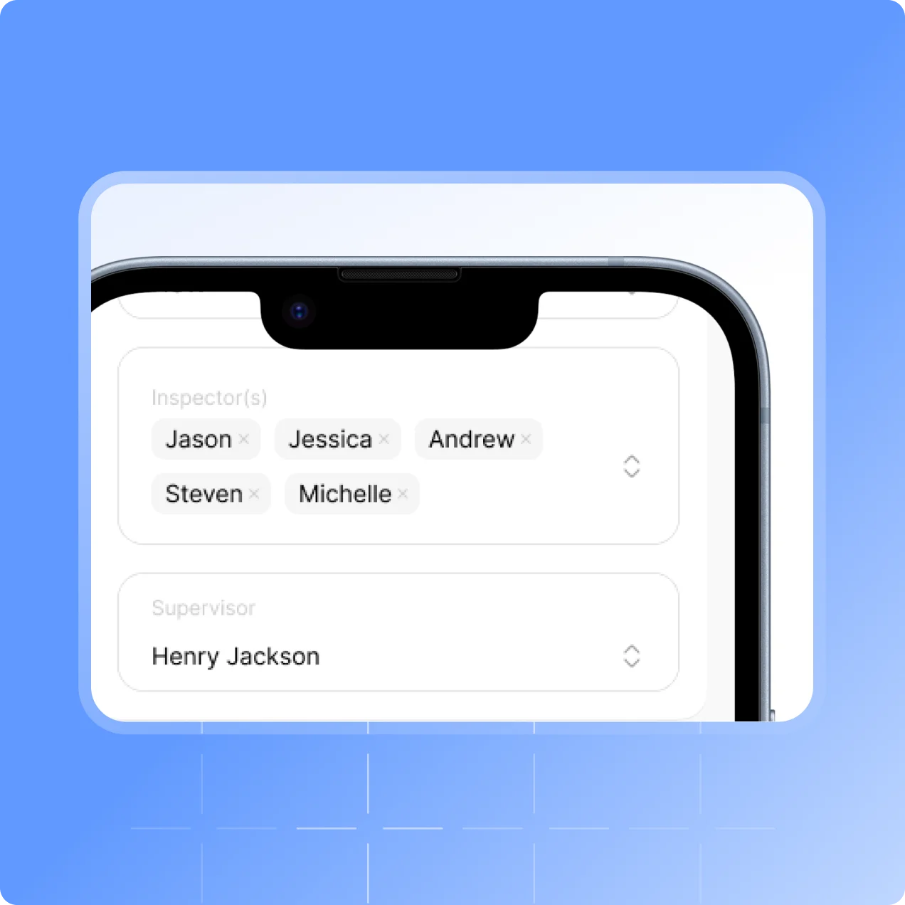 The project assignment section in the Scafflinq app, with inspectors and a supervisor assigned to the project