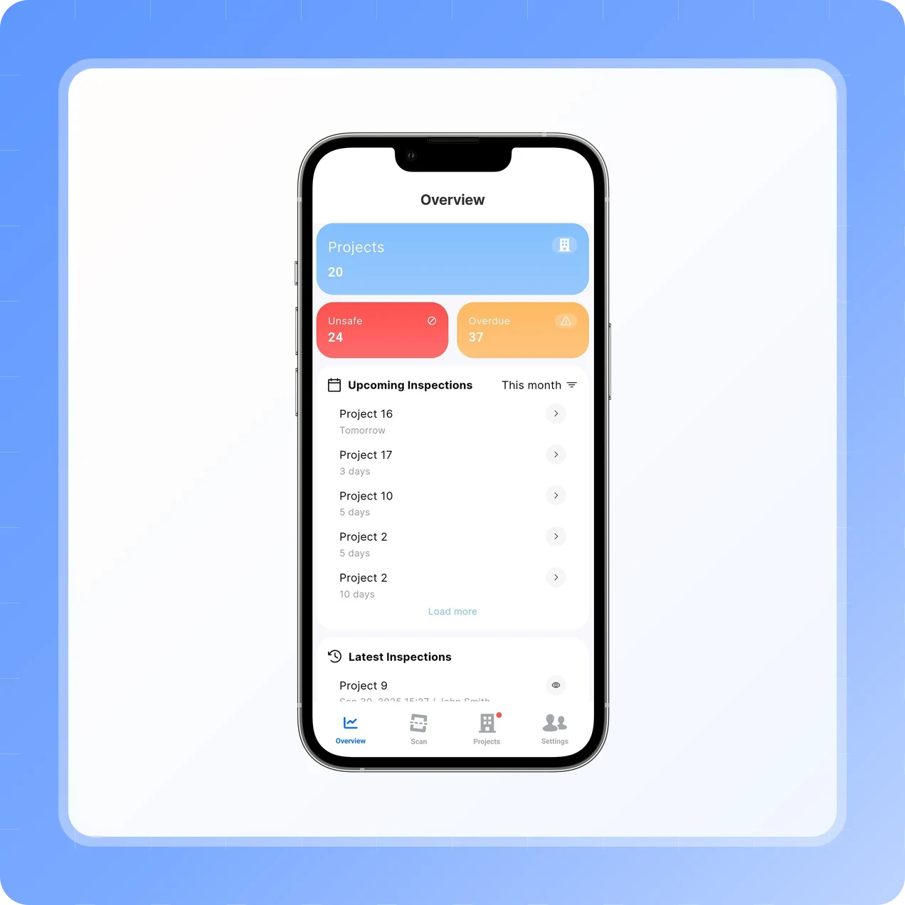 The Scafflinq mobile Overview screen with project, unsafe and overdue counts and upcoming inspections