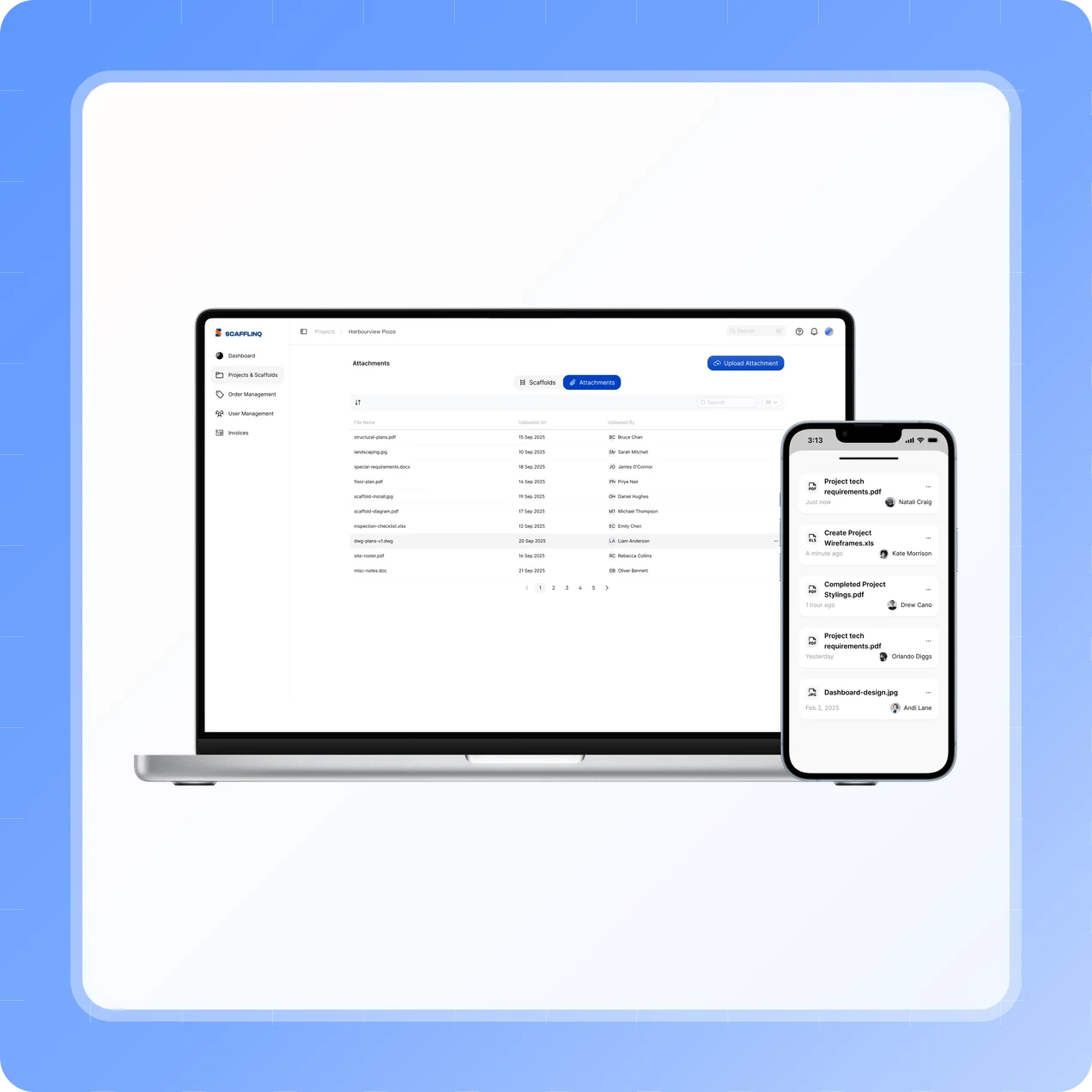Uploading and managing project documents in the Scafflinq web portal and mobile app