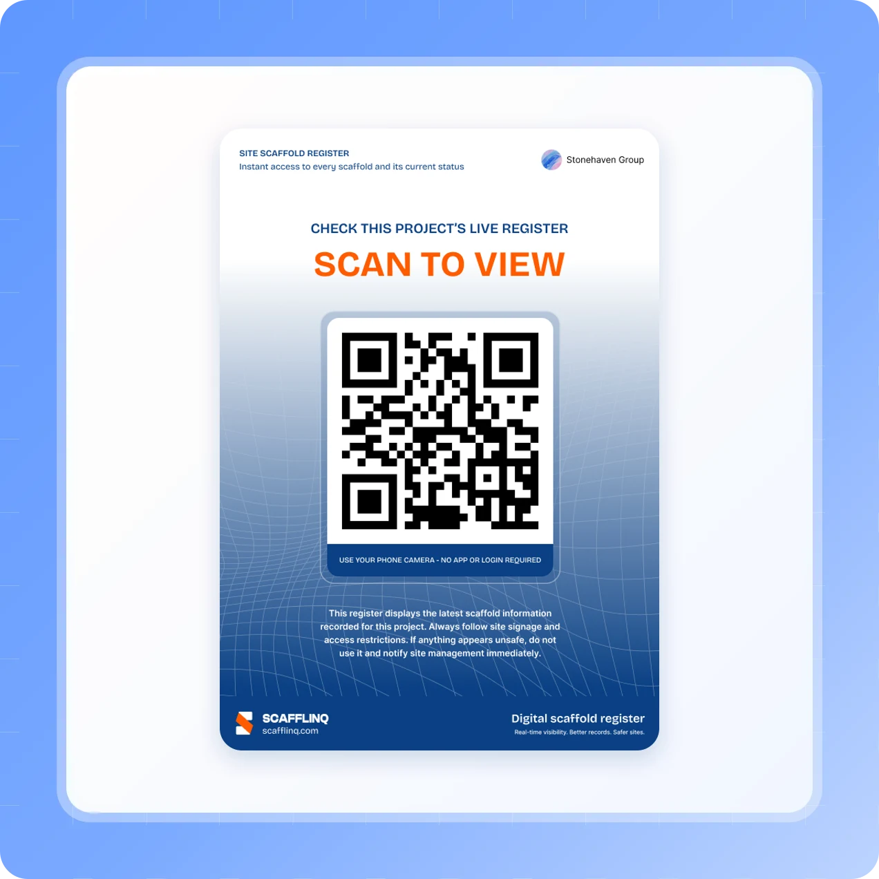 A printed Scafflinq site scaffold register with a QR code to scan for the project’s live register