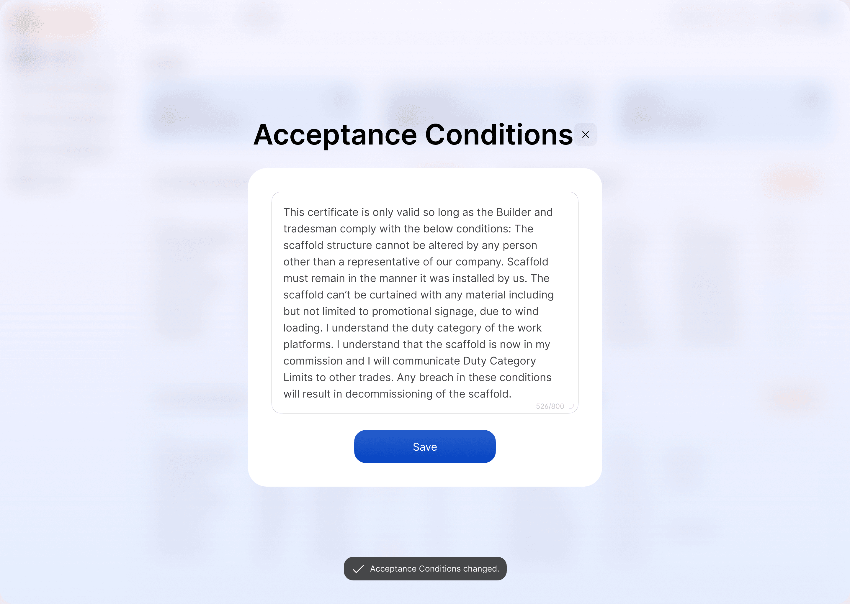The Acceptance conditions setting for handover certificates in the Scafflinq web portal