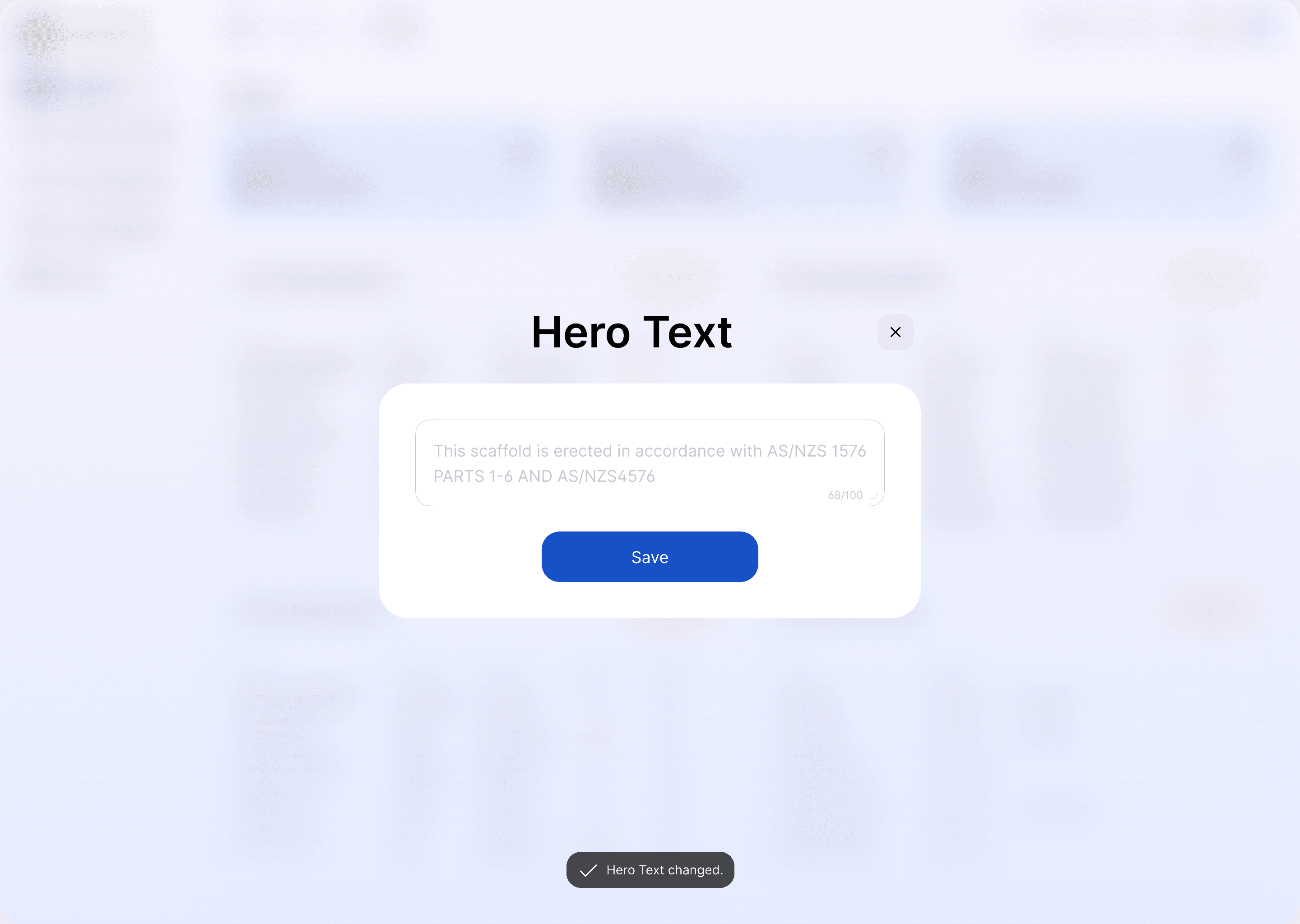 The Hero Text setting for handover certificates in the Scafflinq web portal, with a 100-character limit