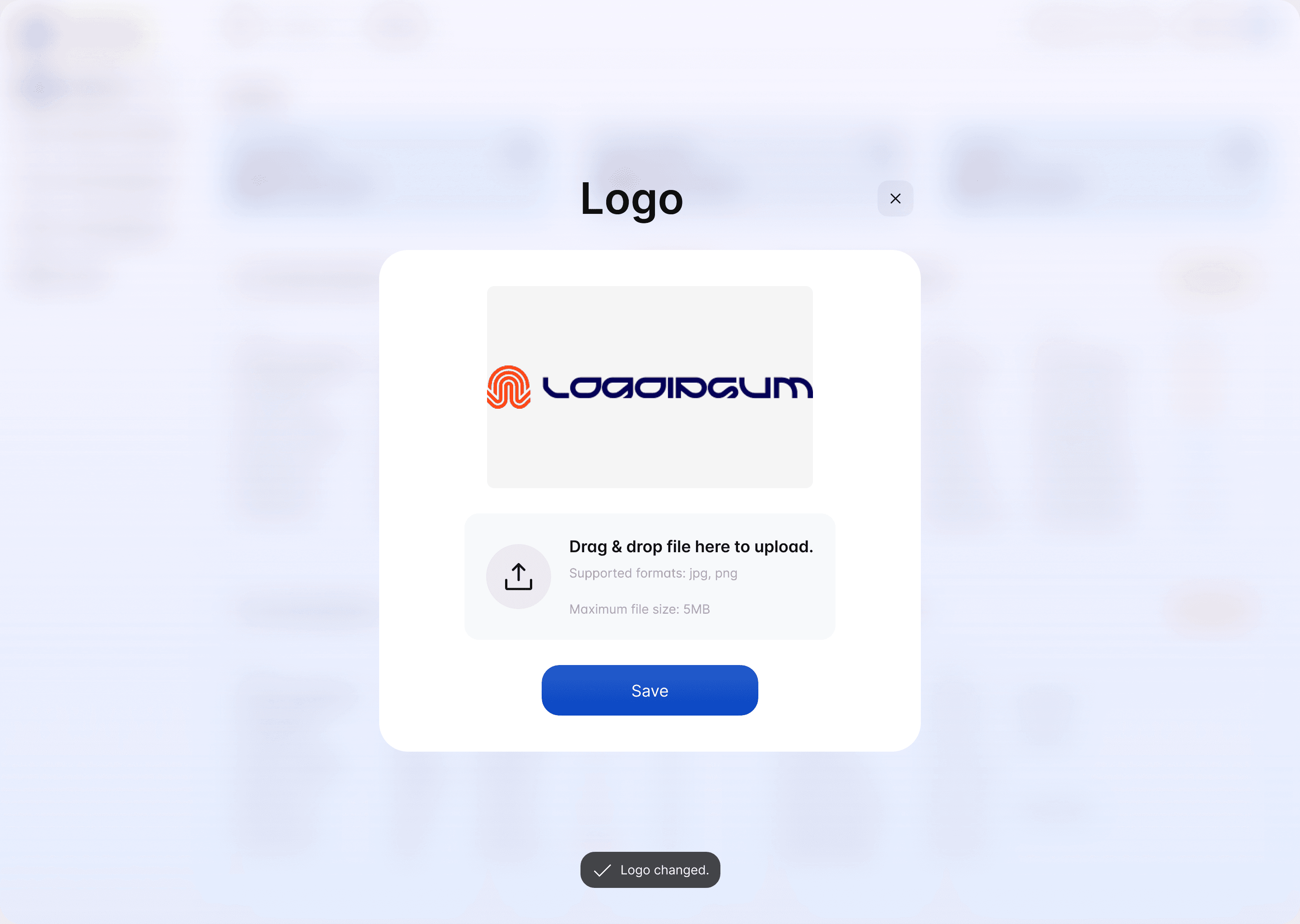 The Logo setting for handover certificates in the Scafflinq web portal, with the current logo and the upload area