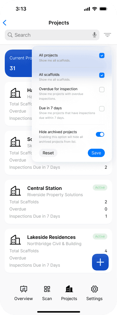 The mobile Projects filter with the Hide archived projects toggle