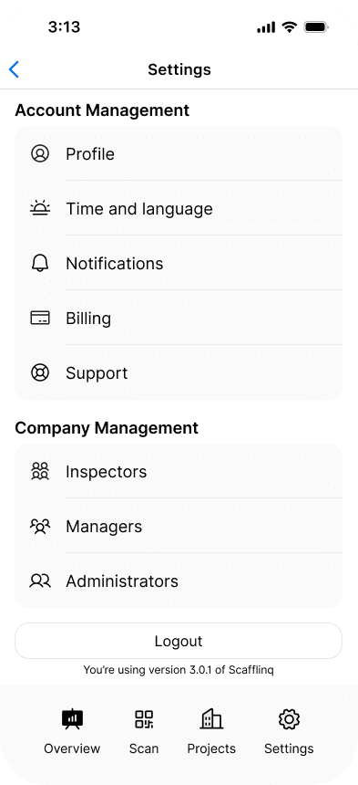 The mobile app Settings menu opened from the bottom navigation