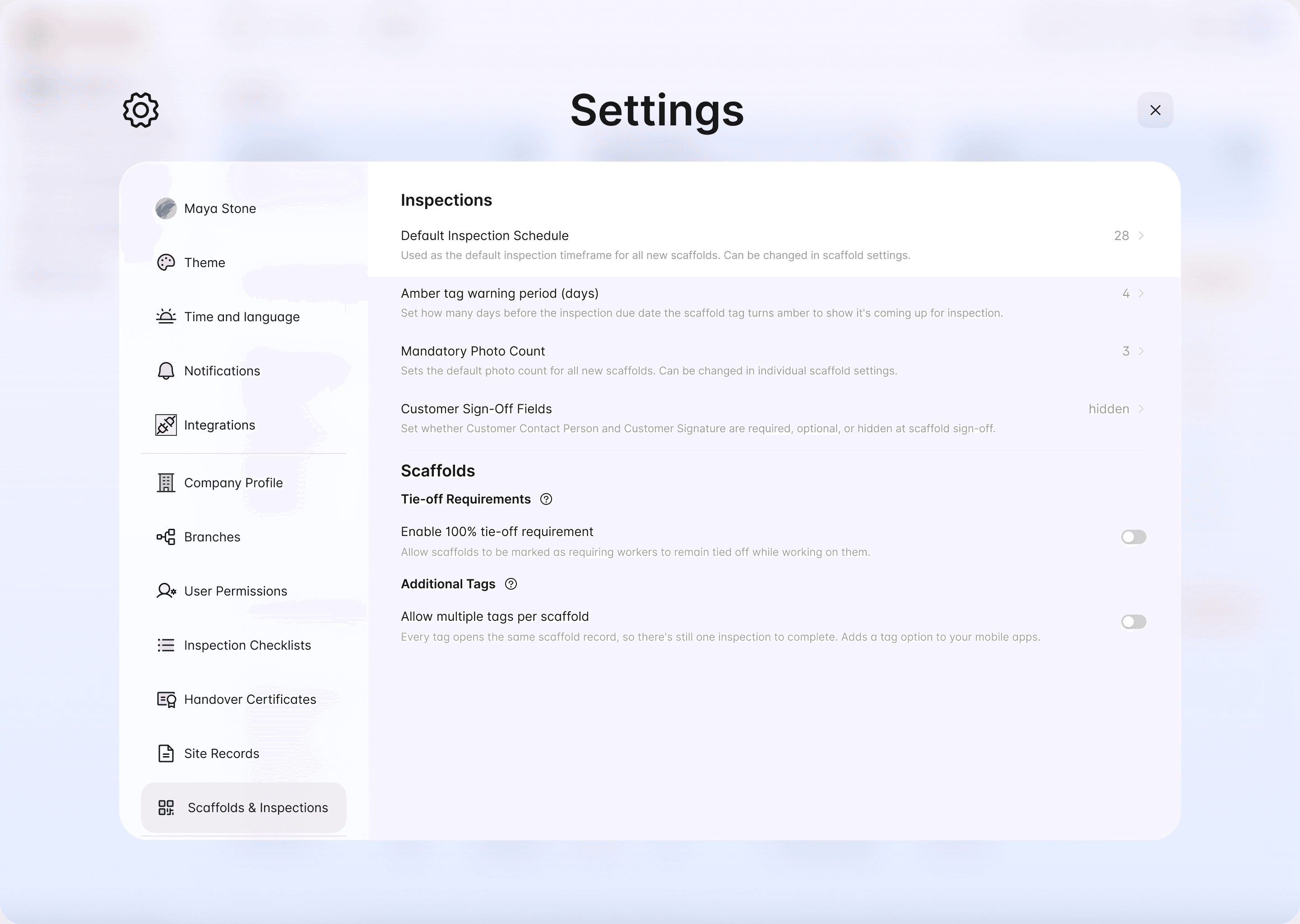 The Scaffolds & Inspections settings in the Scafflinq web portal, with Allow multiple tags per scaffold turned on under Additional Tags