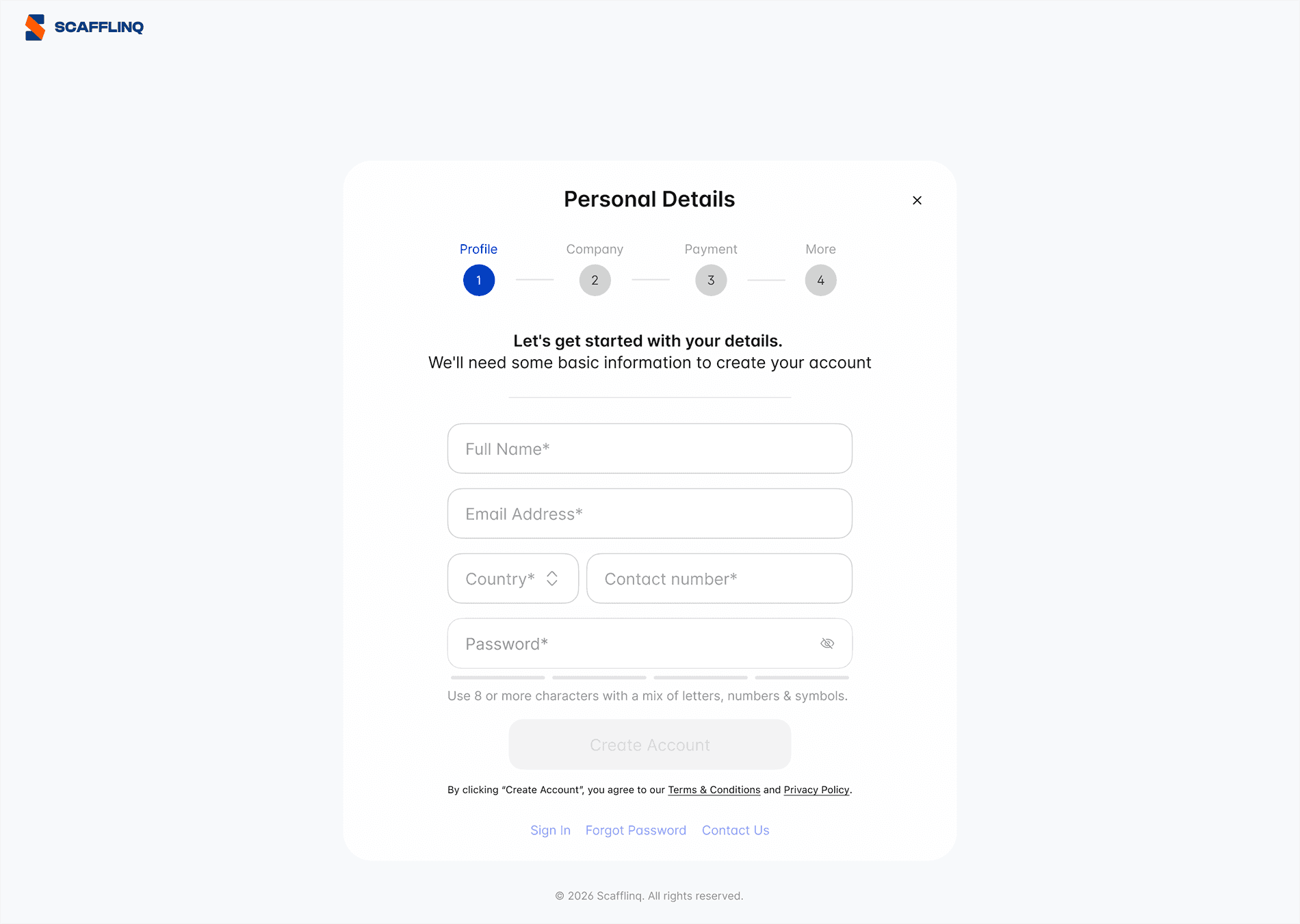 The Scafflinq web sign-up page