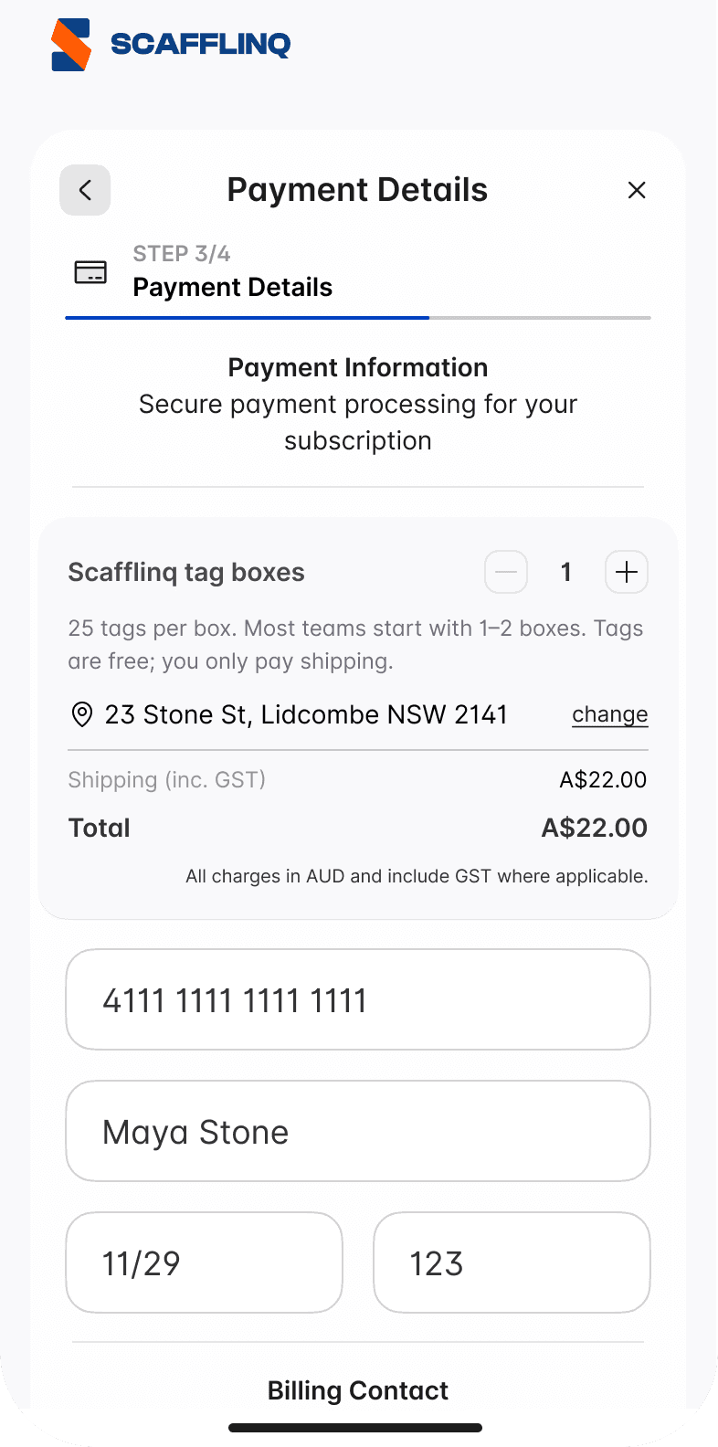 Selecting tag boxes and entering billing details in the mobile app