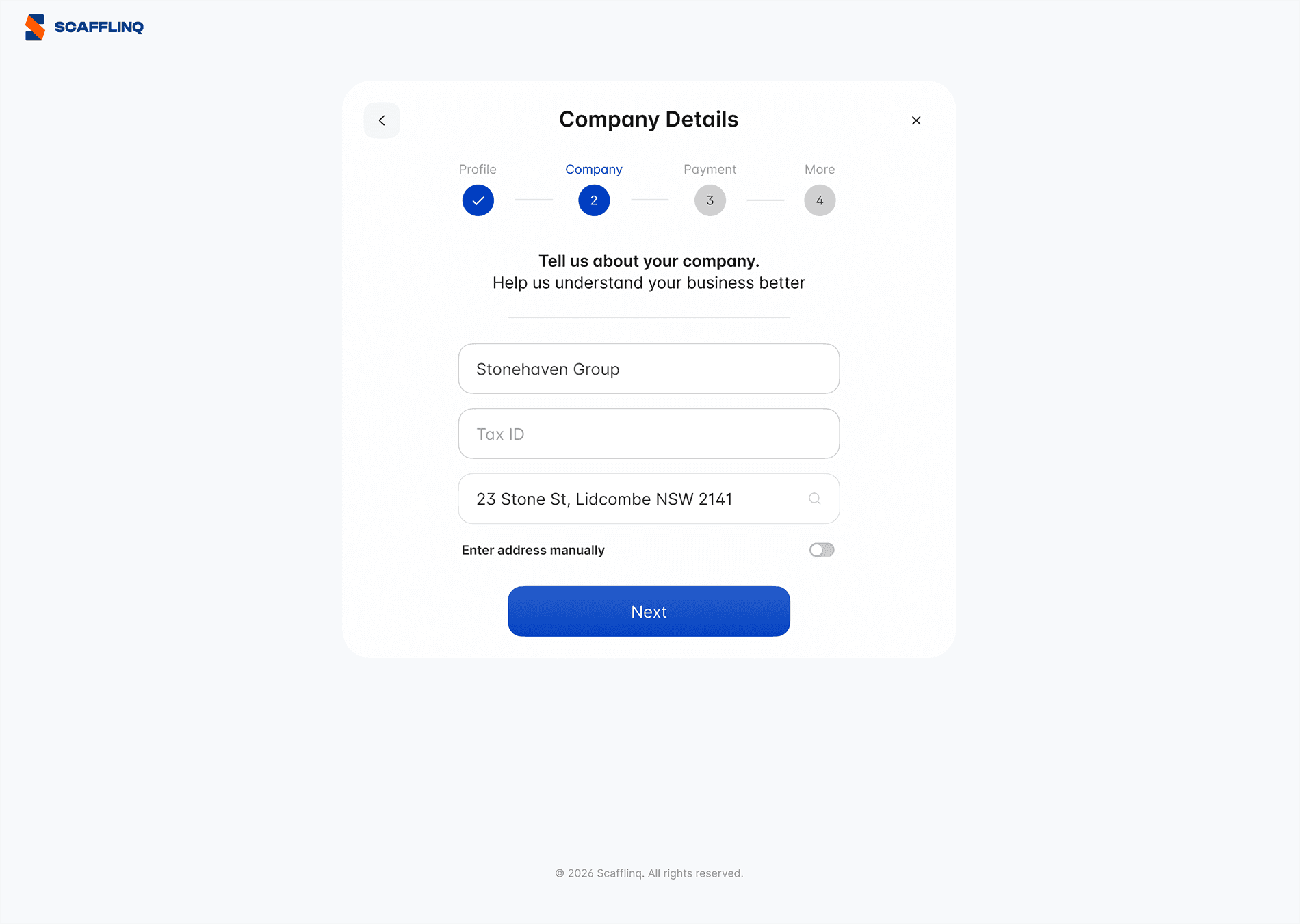 Adding your company name, business ID and address during sign-up