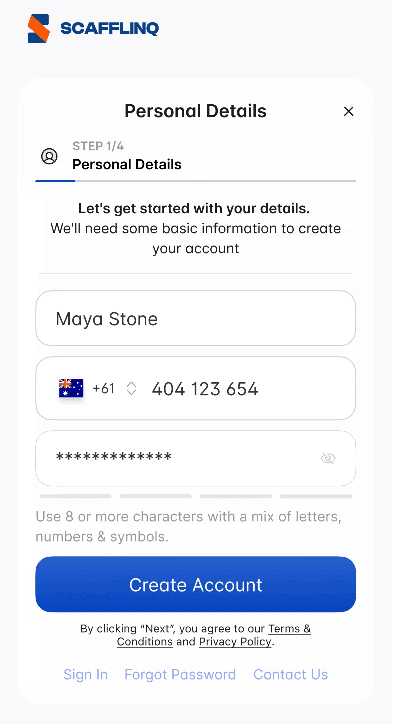 Filling in your personal details in the mobile sign-up form