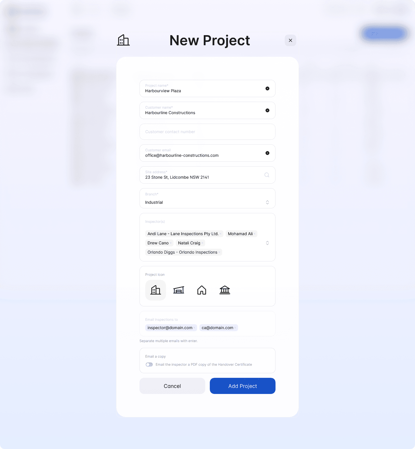 The New Project form open in the web portal