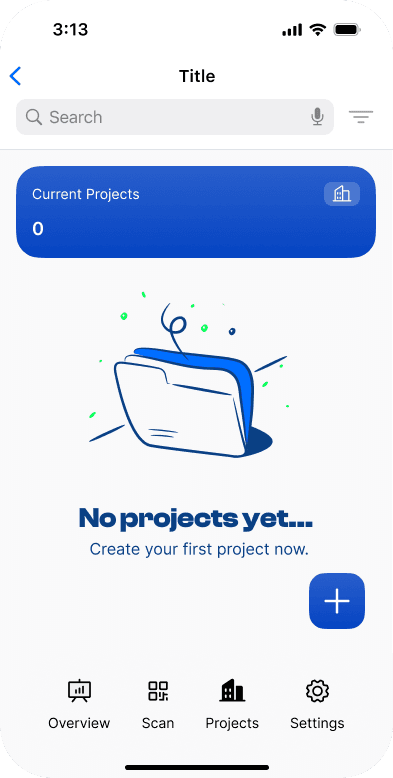 The mobile Projects tab where a new project is started