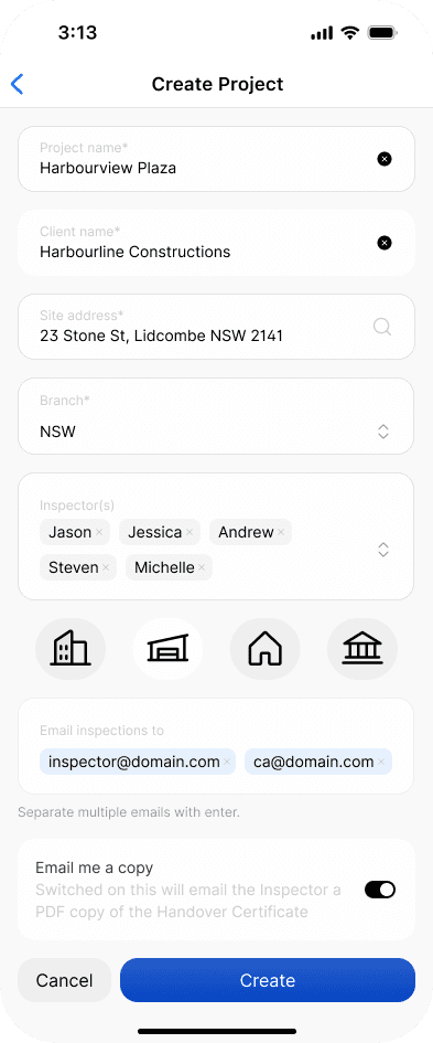 Filling in the new project details in the mobile app