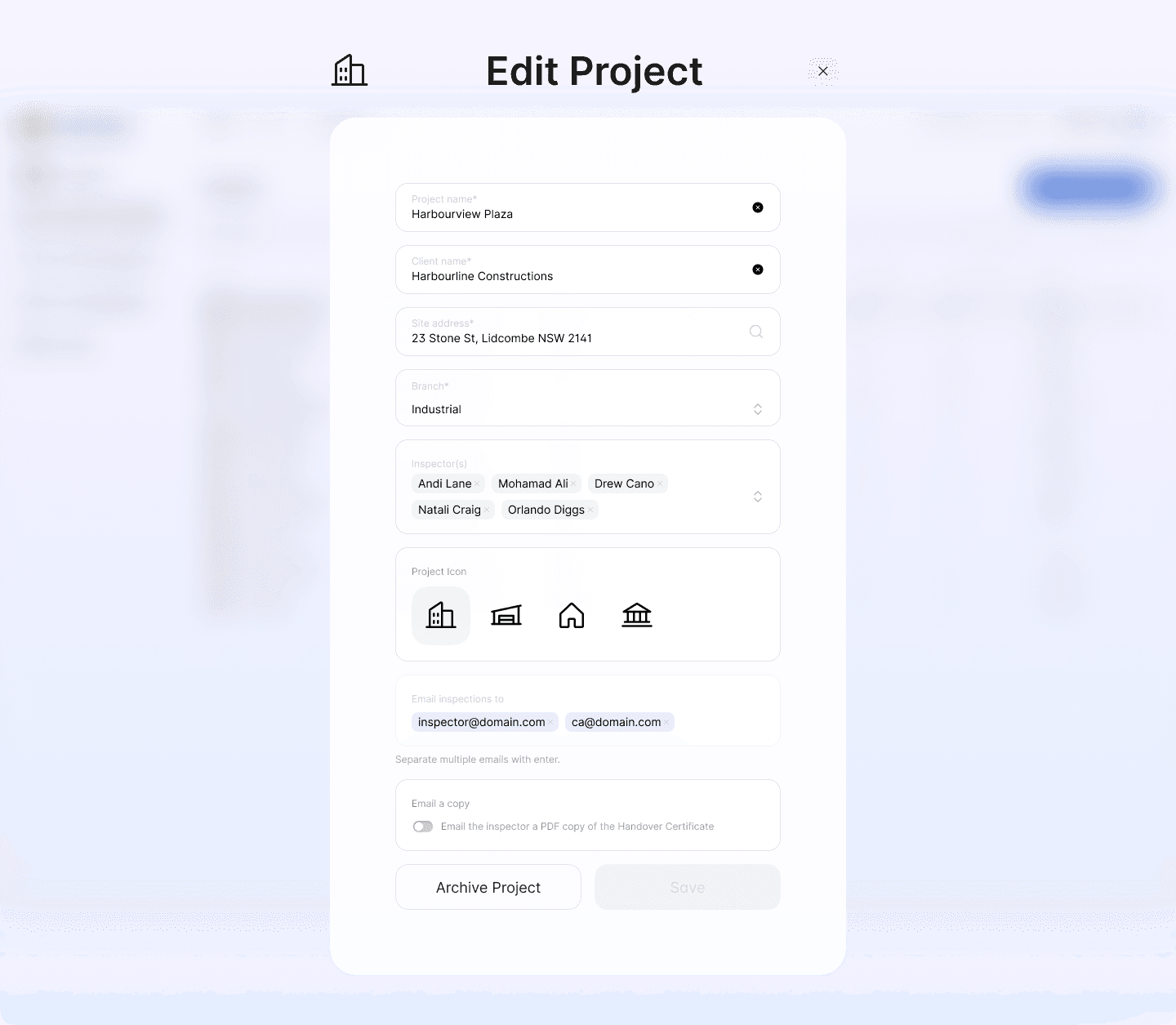 Selecting Archive Project from the web project menu