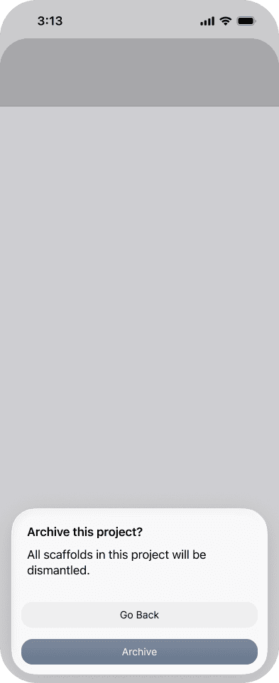 The project ••• menu open with the Archive Project option in the mobile app