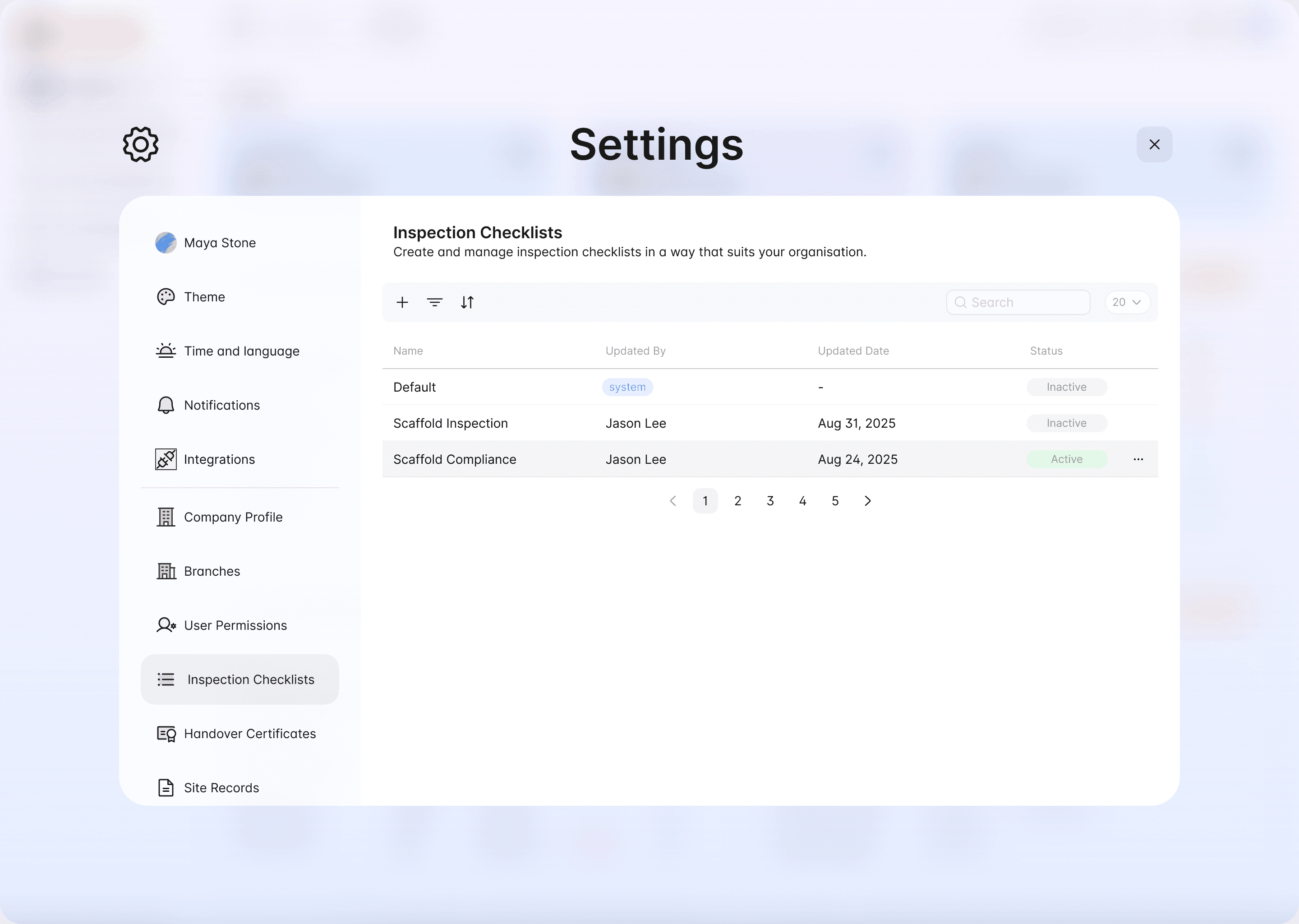 The Inspection Checklists page in Scafflinq settings, listing the Default checklist and two custom checklists, one of them Active