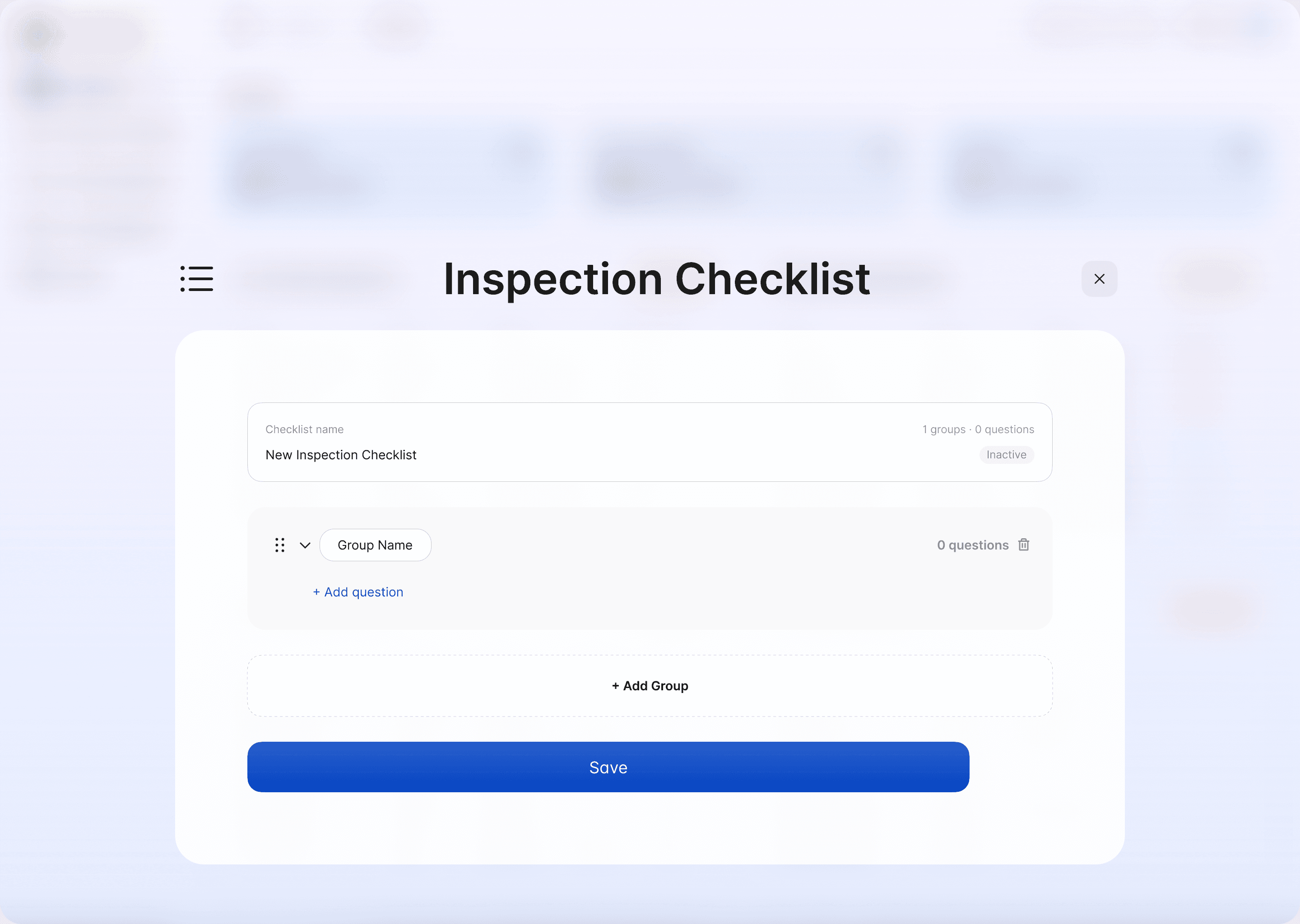 A new inspection checklist in the Scafflinq web portal, with the checklist name, a first group, the Add question link and the Add Group button