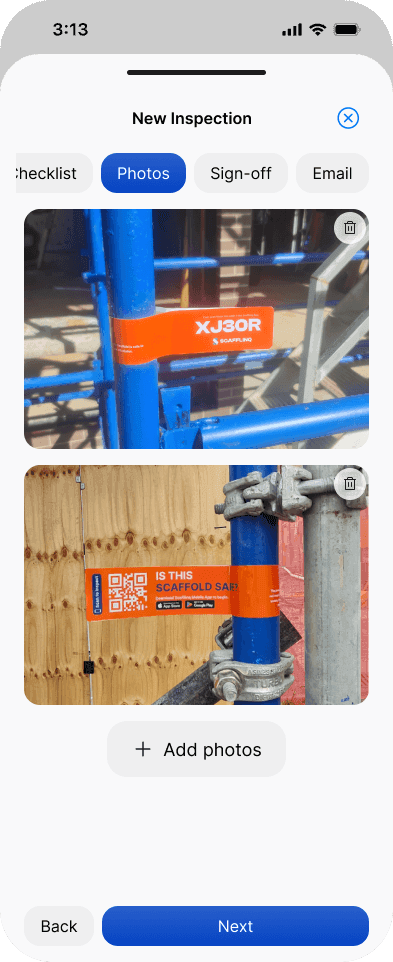 Adding inspection photos from the camera or phone album
