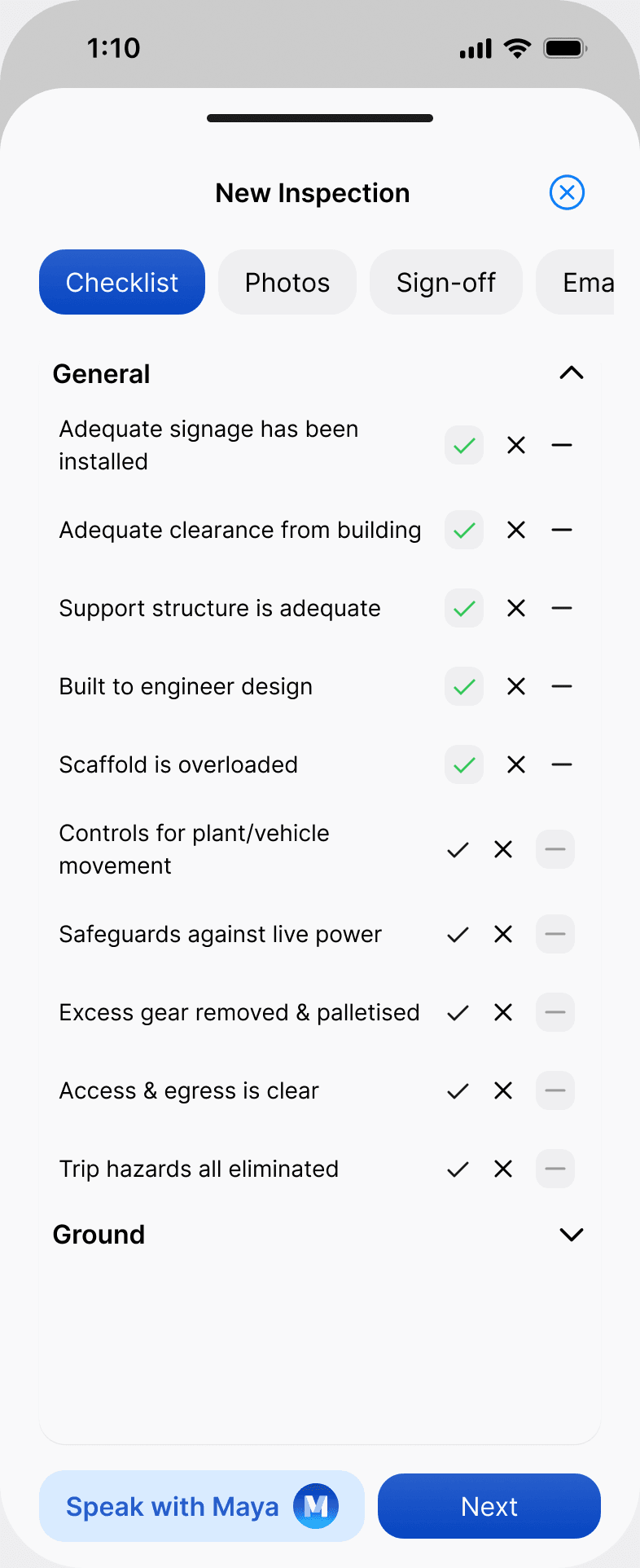 The Checklist tab of a new inspection in the Scafflinq app, with the Speak with Maya button at the bottom