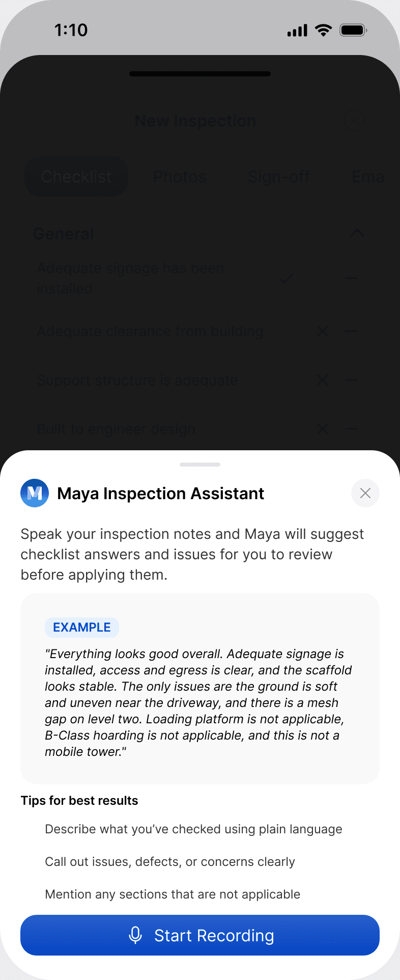 The Maya Inspection Assistant drawer in the Scafflinq app, with an example of what to say, tips for best results and the Start Recording button