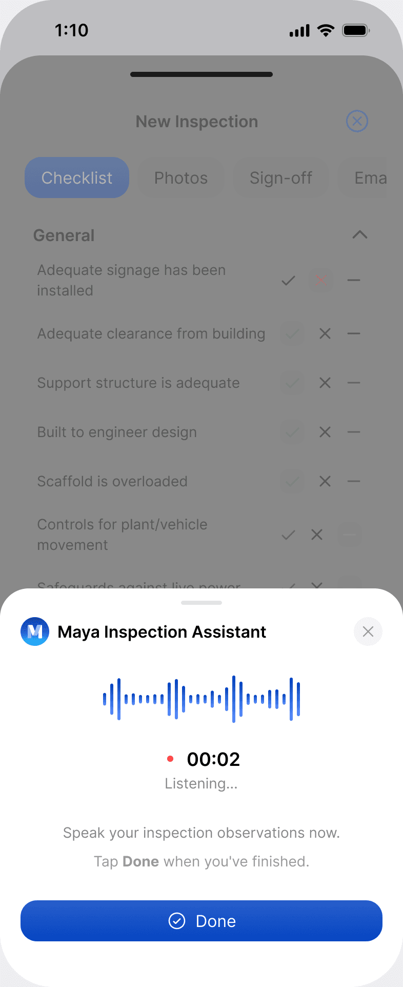 Maya listening in the Scafflinq app, with the recording timer and the Done button