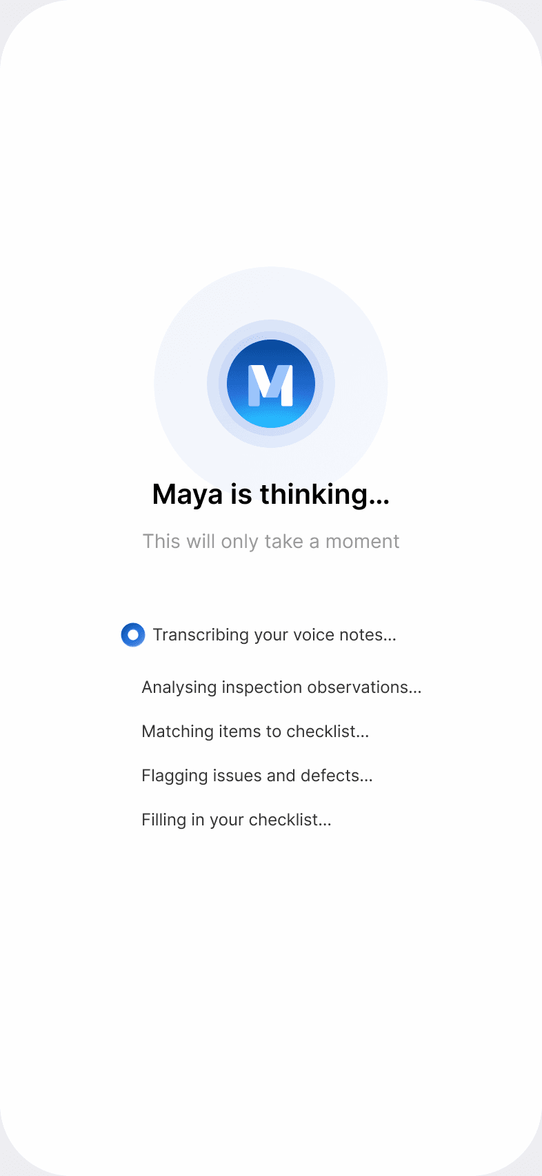 The Maya is thinking screen in the Scafflinq app, showing each step as Maya works through your notes