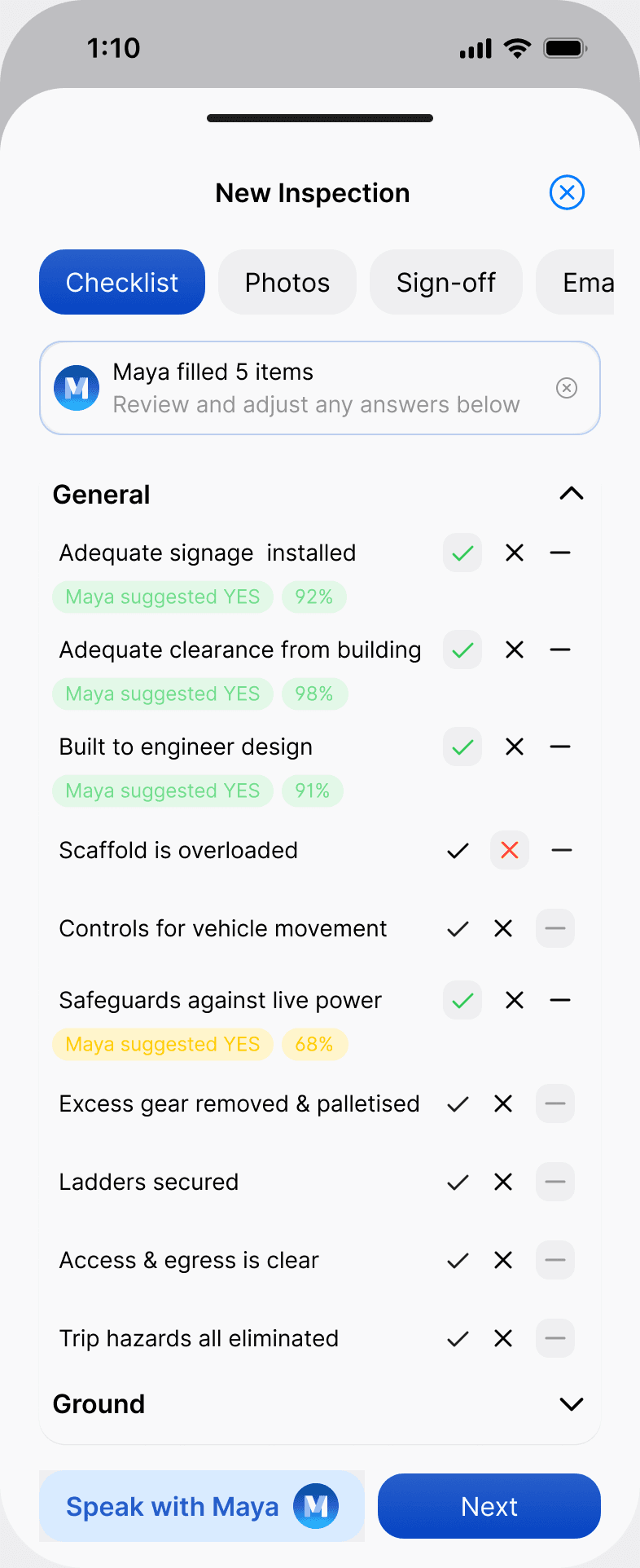 The inspection checklist in the Scafflinq app after Maya, with a Maya filled 5 items banner and Maya's suggested answers labelled for review