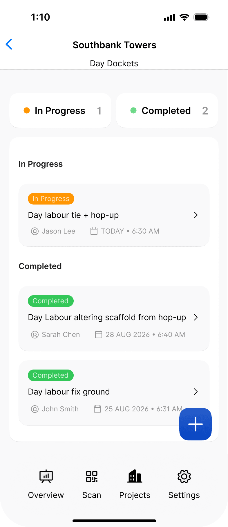 The Day Dockets list on a project in the Scafflinq app, with dockets in progress and completed, and the + button to start a new one