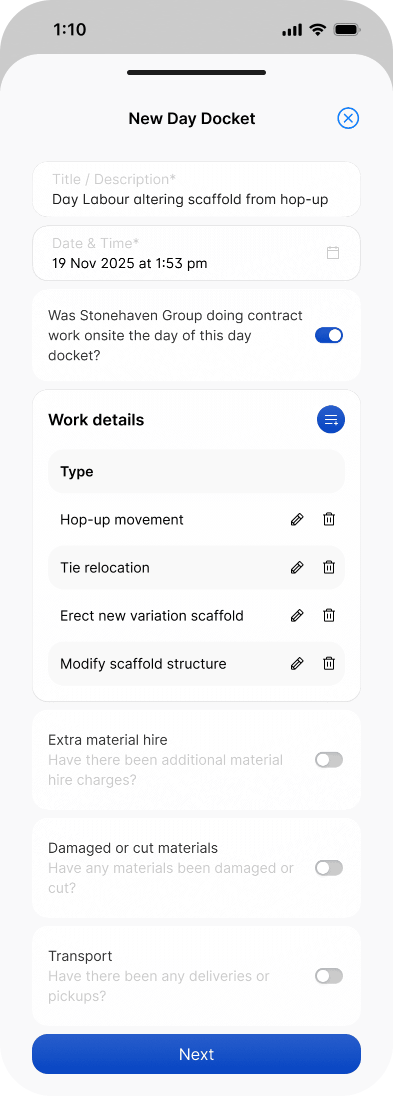 A new day docket in the Scafflinq app, with the title, date and time, the contract work question, the work details list and the optional sections
