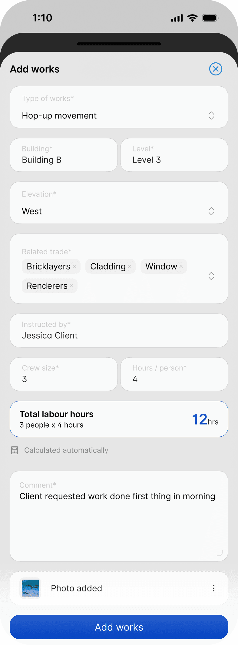 Adding works to a day docket in the Scafflinq app, with the type of works, building, level, elevation, related trades, instructed by, crew size and hours, and the total labour hours calculated