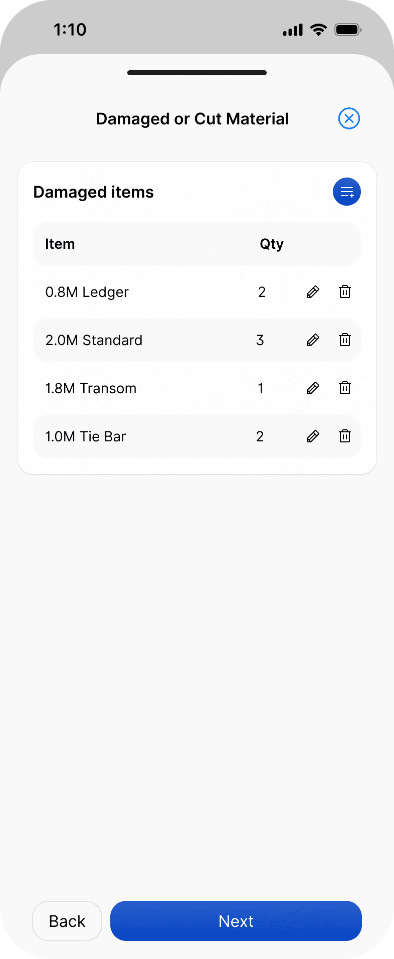 The Damaged or Cut Material section of a day docket in the Scafflinq app, listing each item and quantity