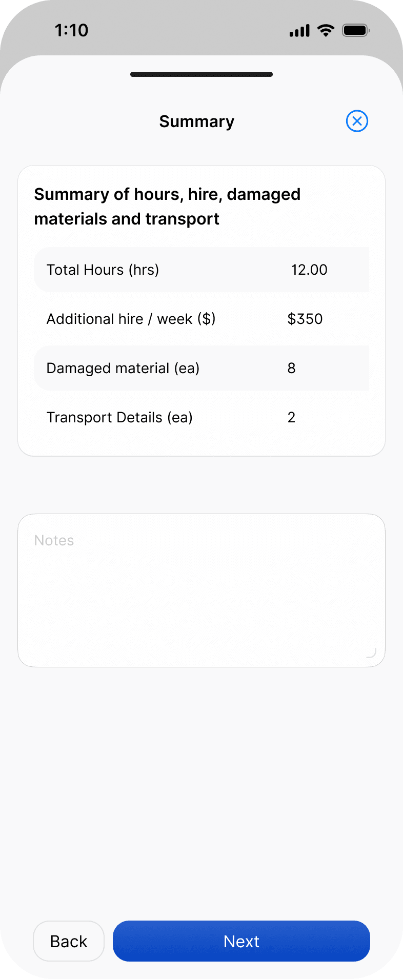 The day docket summary in the Scafflinq app, totalling hours, additional hire per week, damaged material and transport, with a notes field