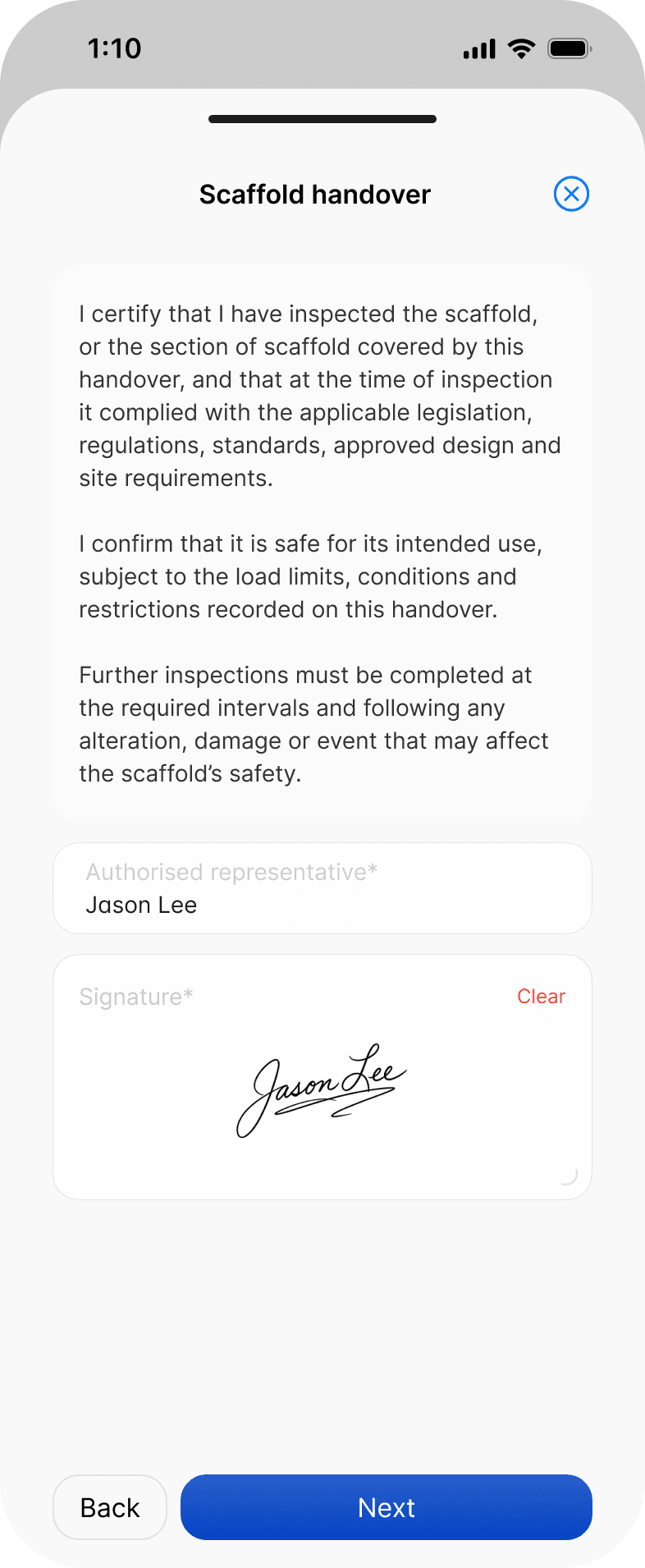 The scaffold handover statement on a day docket in the Scafflinq app, signed by the authorised representative